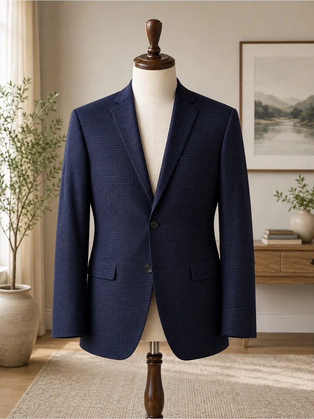 Men’s Bar III 40R Slim Fit Navy Micro Check 2-Button Sport Coat Blazer Lined